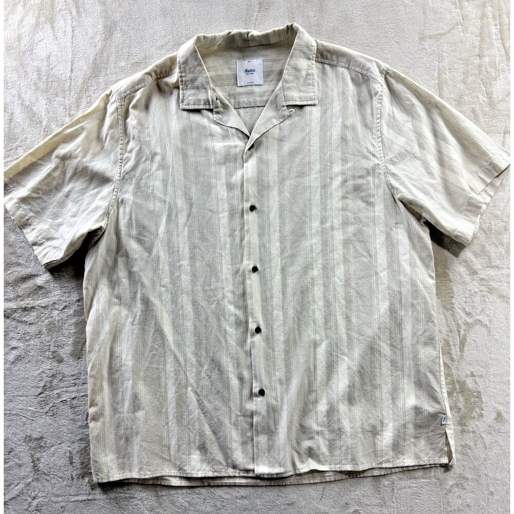 Katin Alan Linen Blend Button Up Shirt Striped Herringbone Men 2XL Tan